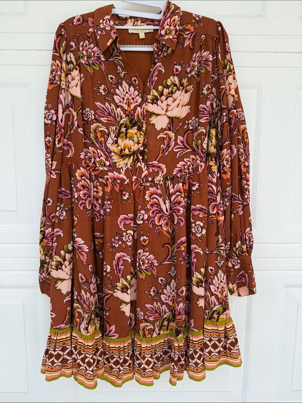 Farmers Market Women's S Flowy Mini Dress Rust Harvest Bloom Floral Boho Fall
